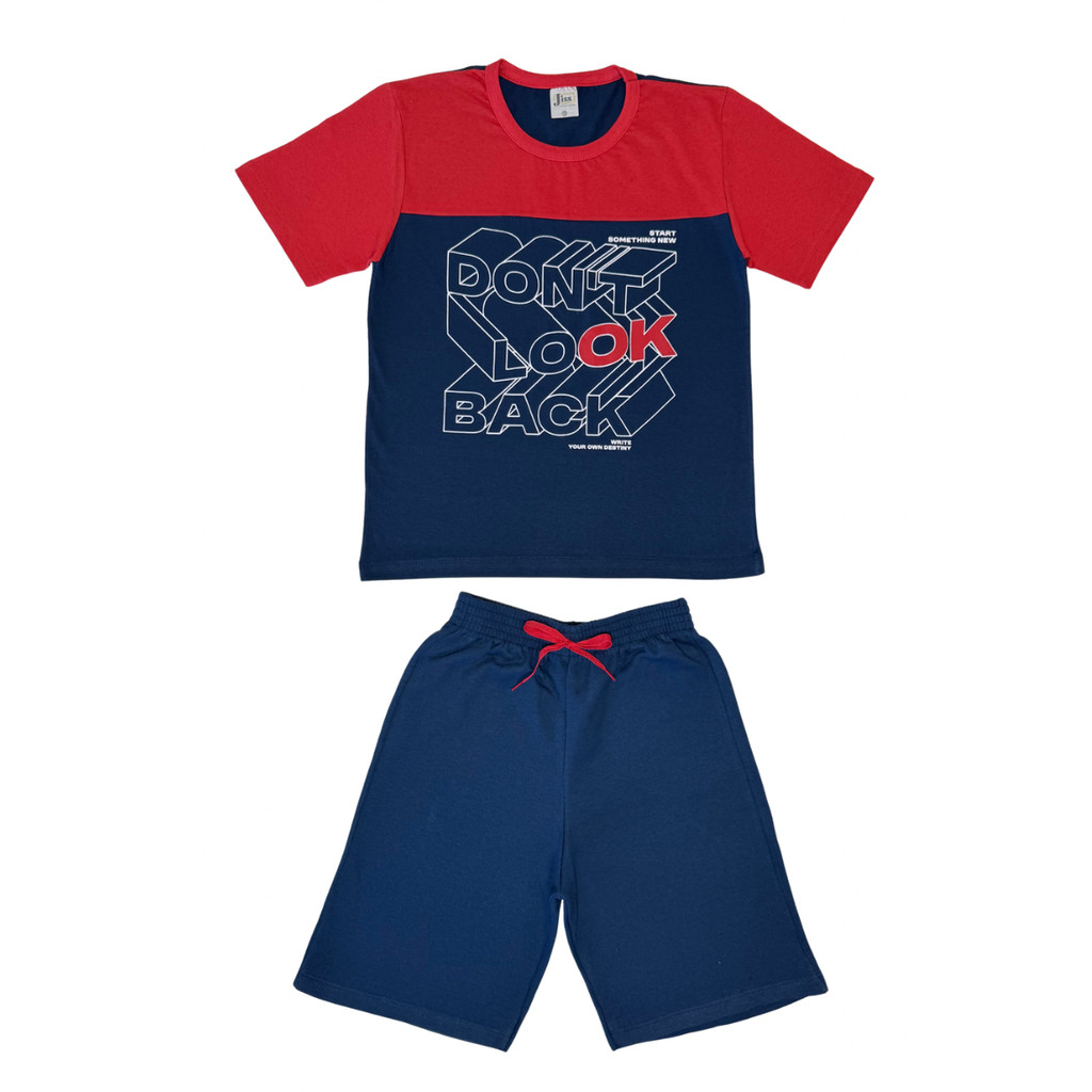 Conjunto Juvenil Masculino Meia Malha/Moletinho Marinho Com Vermelho