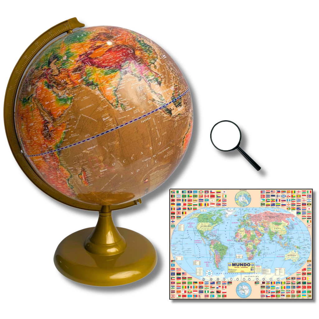 Globo Terrestre Político Histórico Satélite 30cm Diâmetro e 43cm Altura + Mapa Mundi Gigante + Lupa