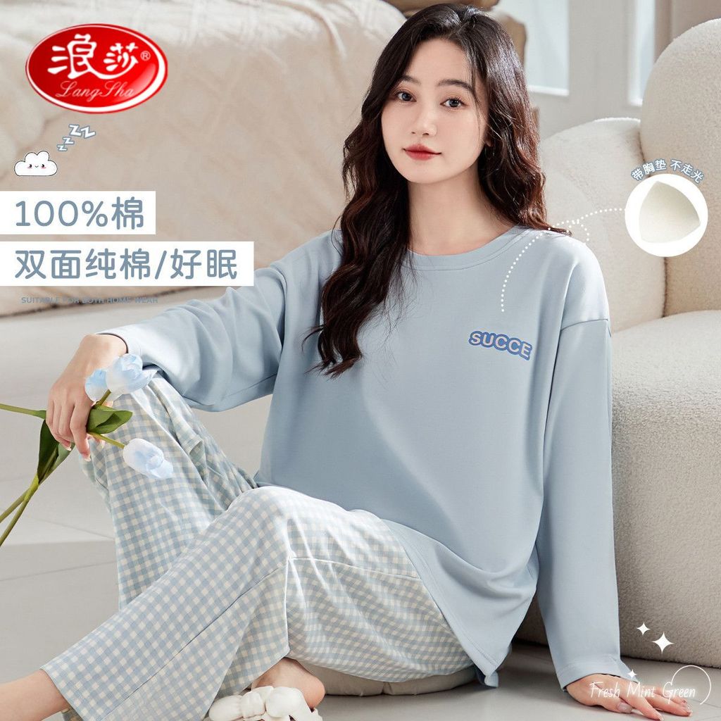 Imagem Langsha 100% algodão Anti-colisão quatro estações senhoras em torno do pescoço de manga comprida confortável Loungewear 