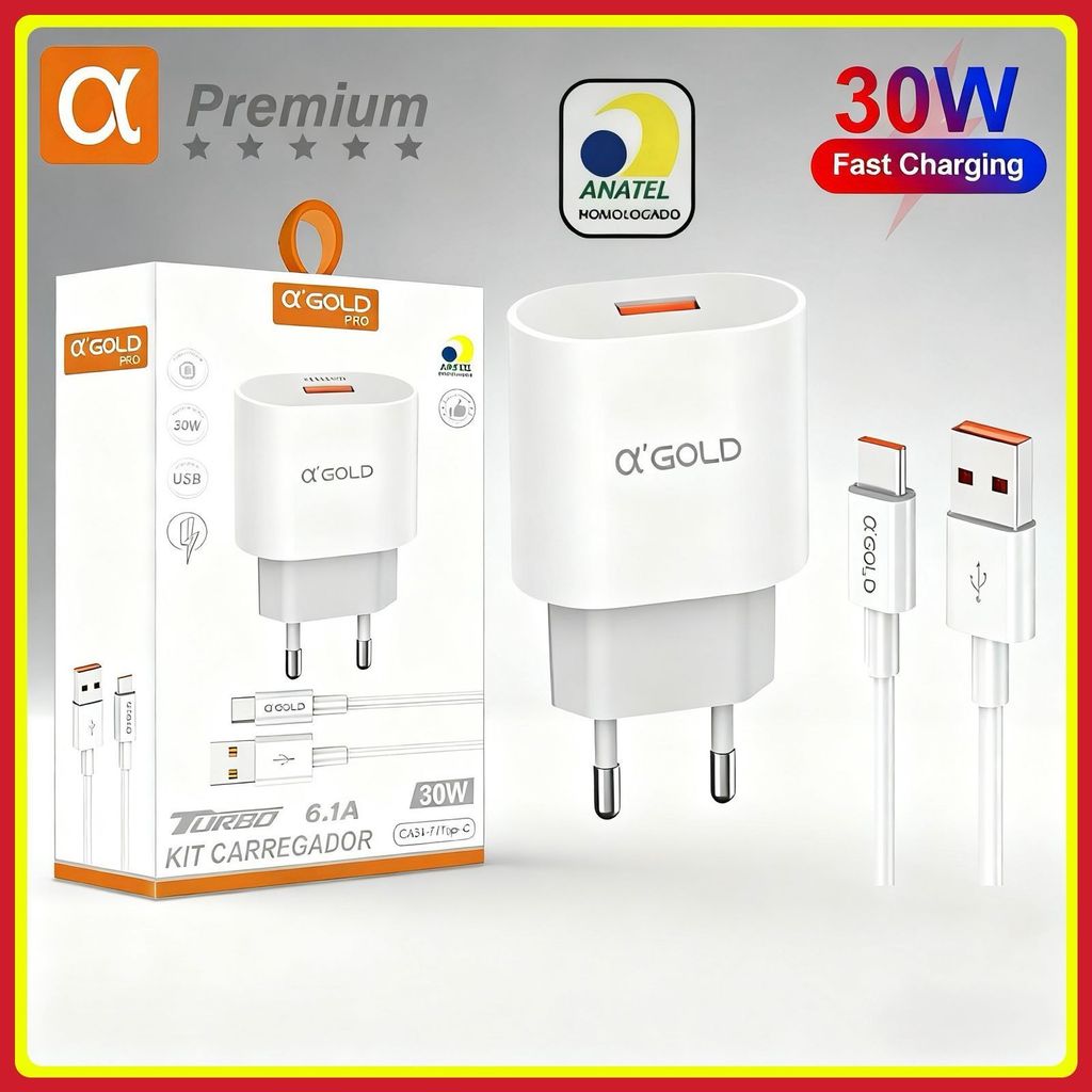 Kit Carregador 30W Turbo 6.1A USB + Cabo tipo c Carregamento rápido original A’Gold em Oferta na Shopee