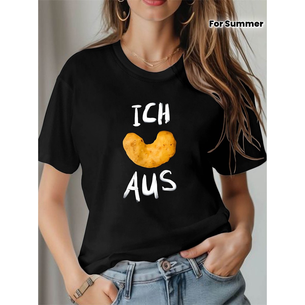 Camiseta Feminina Alemão "ICH AUS" Lanche Texto Cartoon Engraçado Confortável Divertida Estilosa Moda Casual