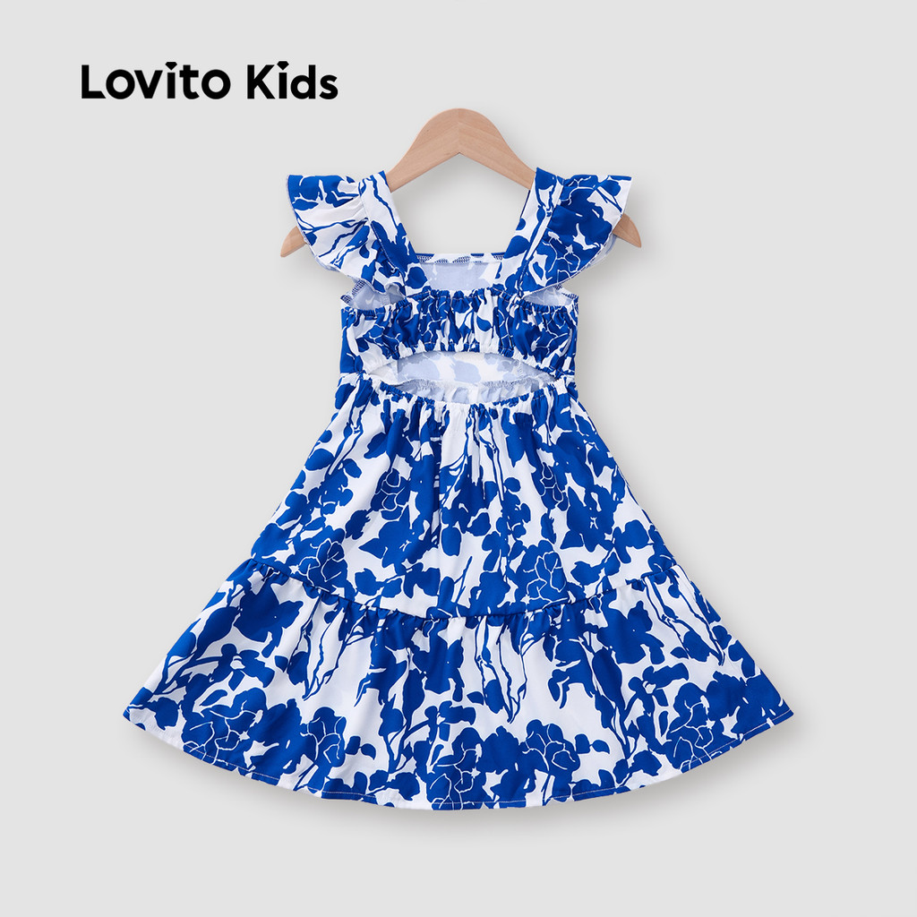 Detalhes do Lovito Kids Vestido Fofo com Recorte e Babado Primavera/verão Vestido Azul Escuro para Menina L148ED076
