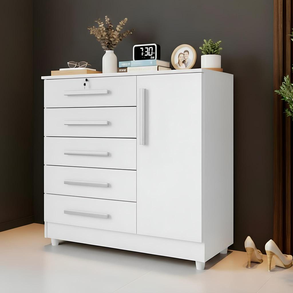 Cômoda Quarto 5 Gavetas 1 Porta  com Chave  2 Divisórias