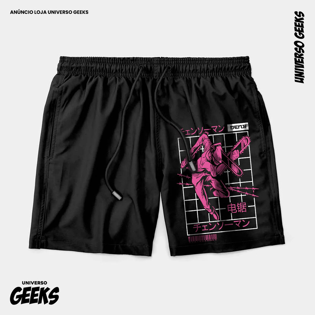 Bermuda Tactel Chainsaw Man Denji Mangá Pink Short Confortável Com Elastano Ideal Lazer Treino Esportes Praia