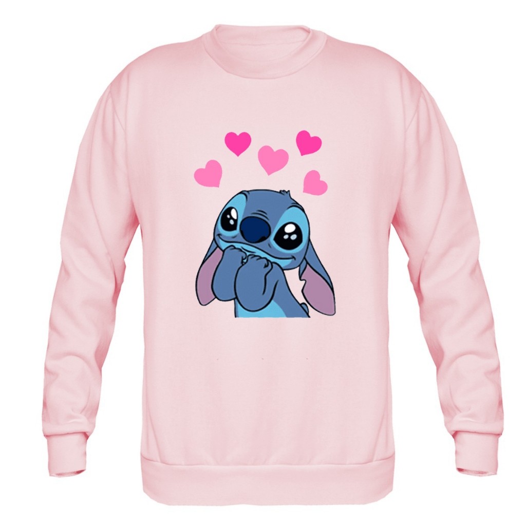 Moletom Careca Lilo Stitch de Coração Blusa De Frio Gola Redonda Moda Adulto Feminina