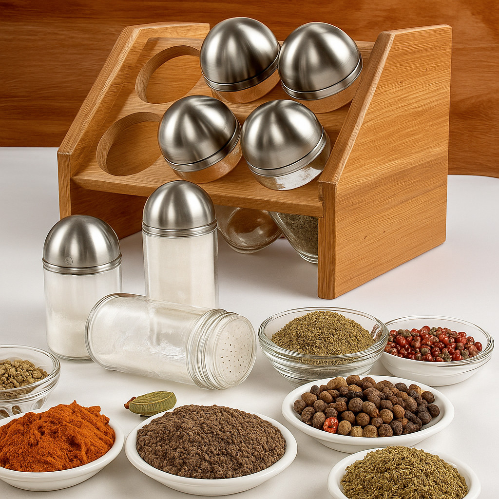 Porta Temperos para Cozinha Suporte de Vidro para Temperos Porta Condimentos Kit 6 Un Tampa de Inox