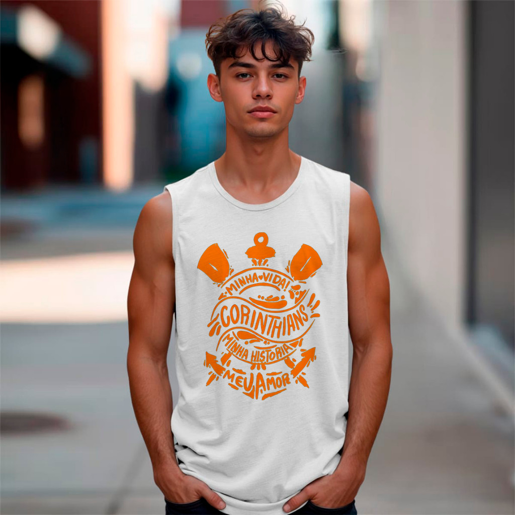 Camiseta Regata Corinthians Minha Historia Meu Amor Laranja