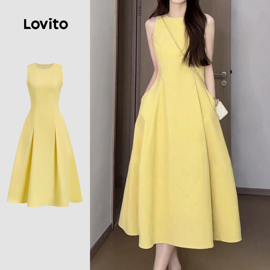 Lovito Vestido Casual com Bolso de Primavera/verão Amarelo para Mulheres L158AD1685