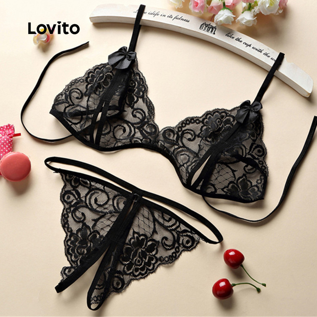 Lovito 2 Peças: Conjunto de Bralette Triangular com Rendado Sexy Lingerie Sexy Mãe/Verão para Mulheres LNE121146 em Oferta na Shopee