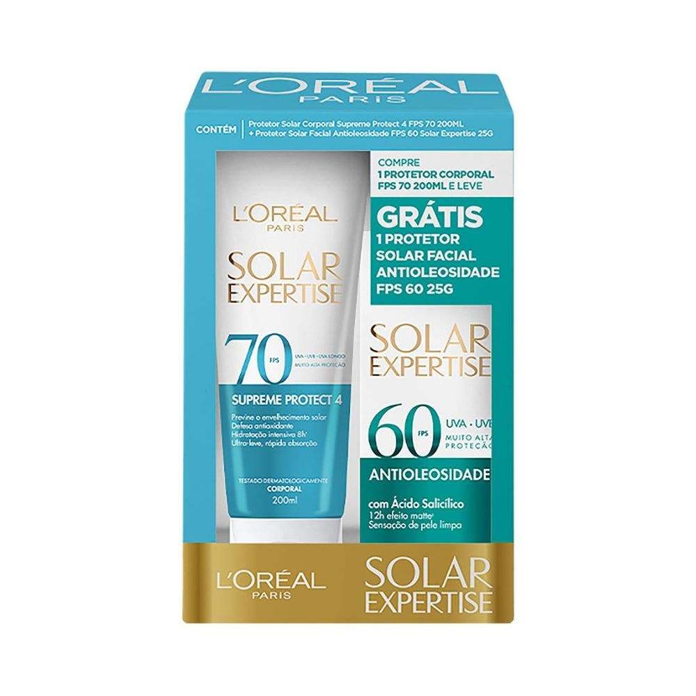 Kit L’Oréal Paris Protetor Solar Corporal FPS 70 Solar Expertise 200ml + Facial FPS 60 Antioleosidade 25g