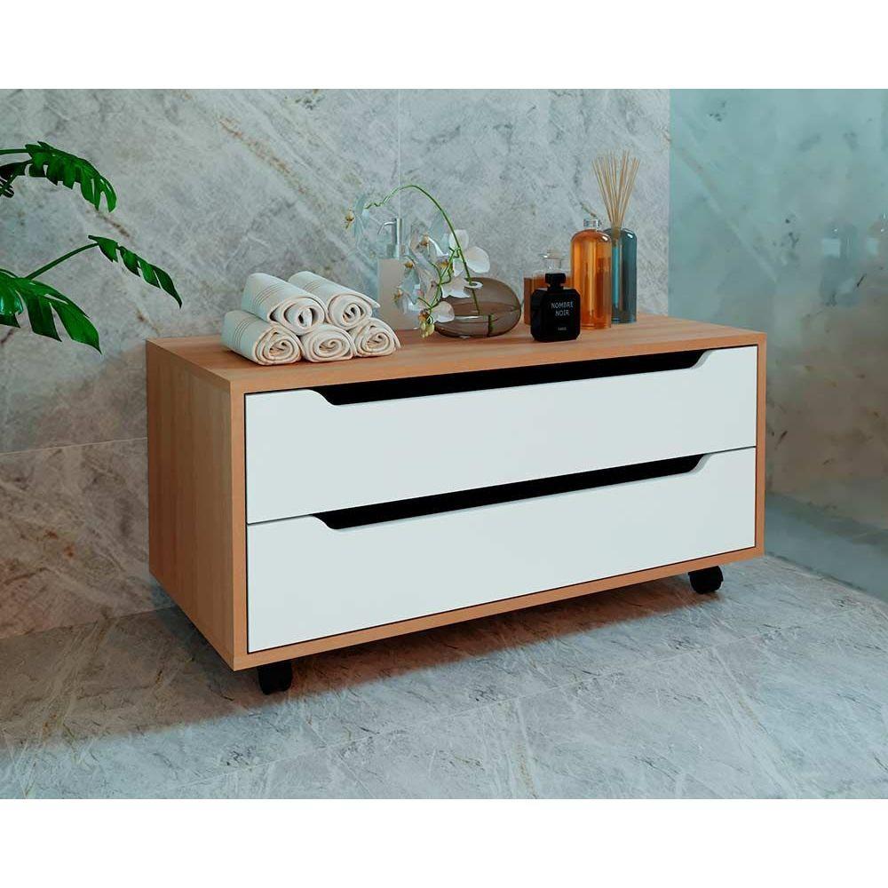 Gabinete de Banheiro c/ Rodizio BN3643 s/ Cuba 2 Gavetas 80cm cor Amêndoa/Branco - Tecno Mobili em Oferta na Shopee