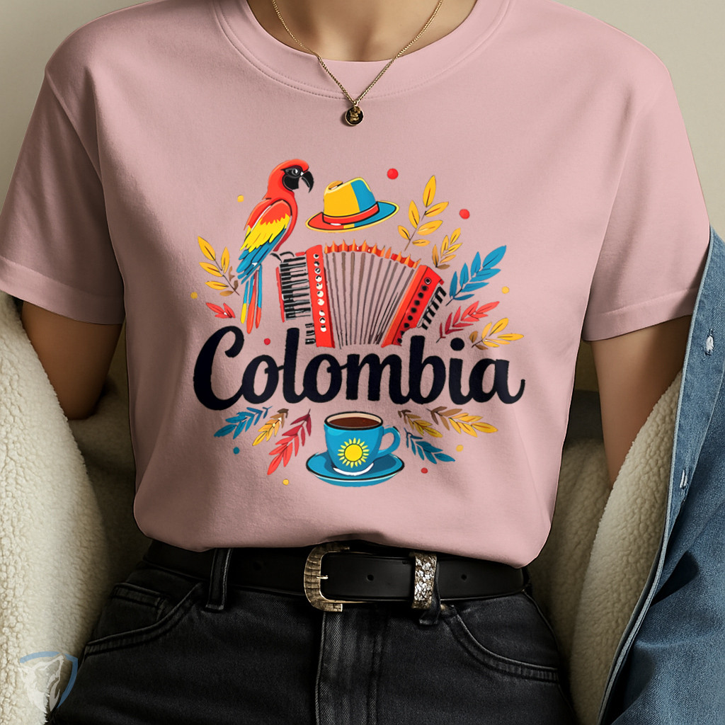 Camiseta Personalizada Colombia – Acordeón, Chapéu e Café Colombiano