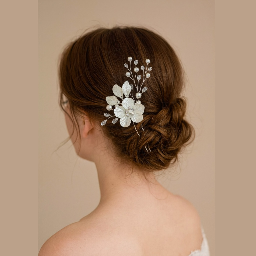 Grinalda de Cabelo Premium Para Noiva com Pérolas e Cristais - Arranjo Floral Elegante