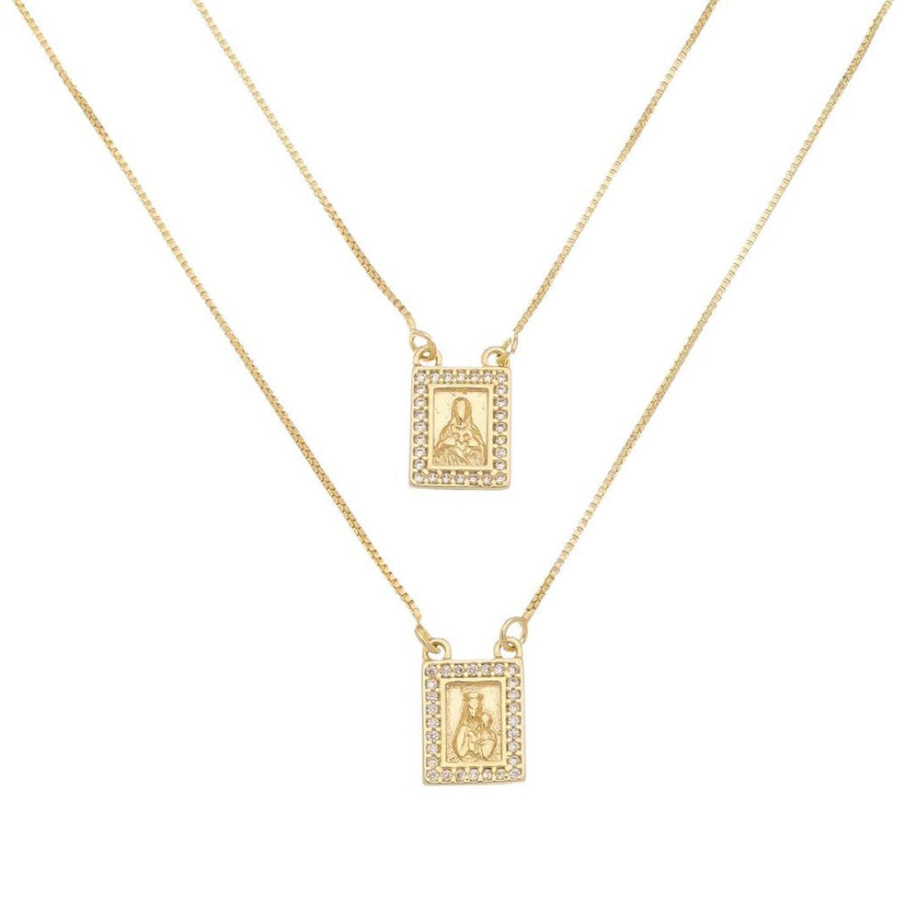 ESCAPULÁRIO FEMININO SAGRADO CORAÇÃO DE JESUS ZIRCÔNIA FOLHEADO A OURO 18K