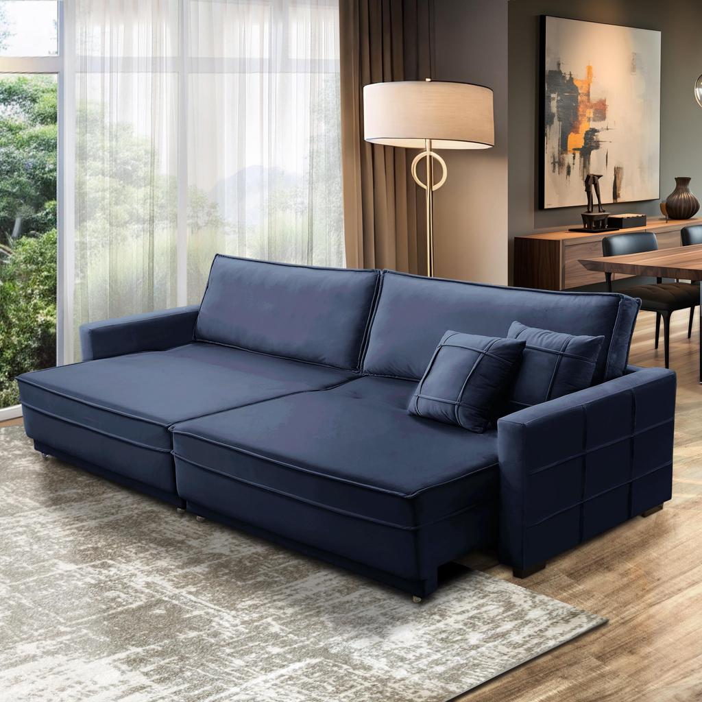 Sofá Cama Retrátil e Reclinável 2,50m com Molas Karen Veludo Azul Adonai Estofados em Oferta na Shopee