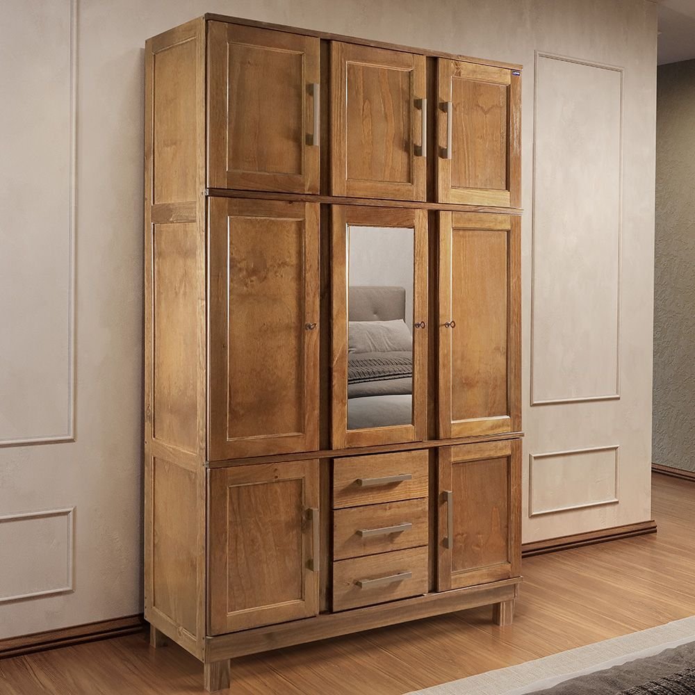 Guarda Roupa Solteiro com Espelho e Pés 8 Portas 3 Gavetas Paris Lanes Móveis Castanho em Oferta na Shopee