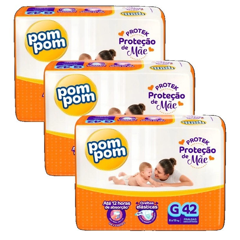 3 Fralda Pom Pom Protek Proteção De Mãe Mega G 42 unidades em Oferta na Shopee