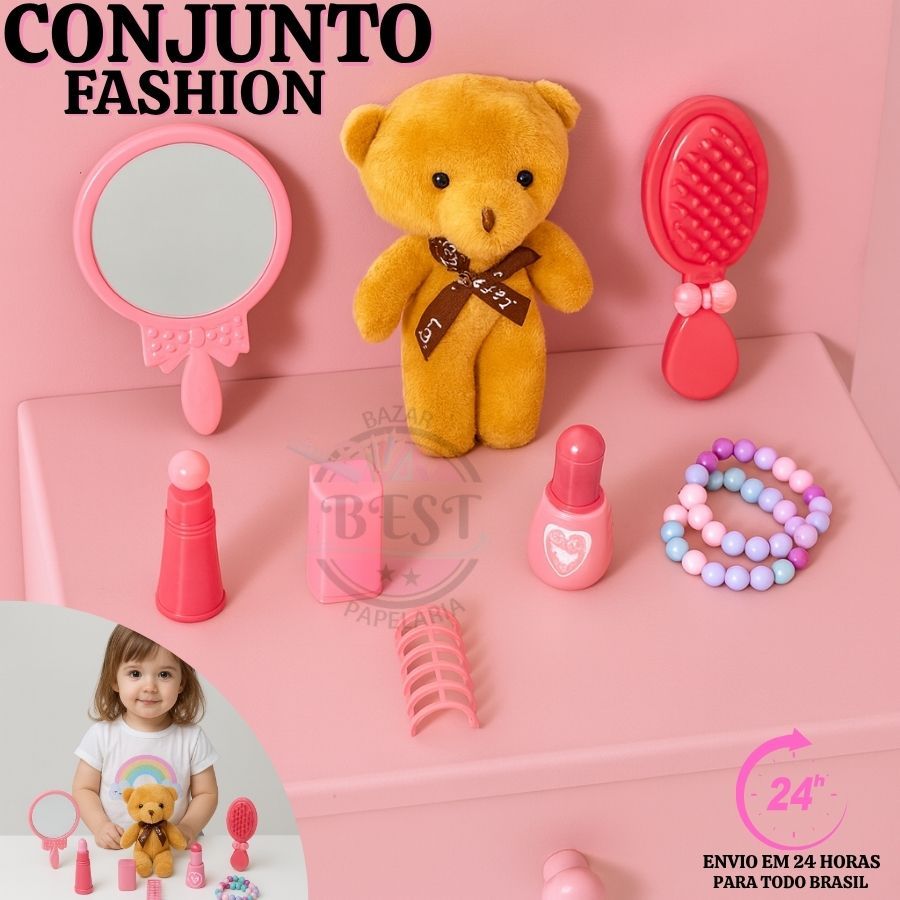 Brinquedo Kit Beleza Fashion Infantil + Acessorios 11 Peças + Ursinho Beauty Fashion