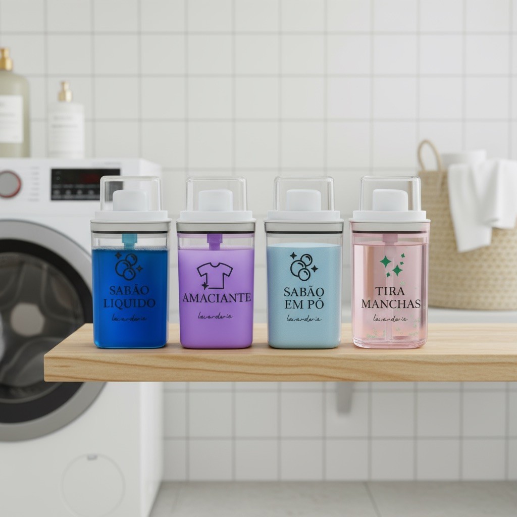 Kit Dispenser Organizador Lavanderia 1,5L Acrílico Porta Amaciante Sabão em Pó Sabonete Liquido Ou em Oferta na Shopee