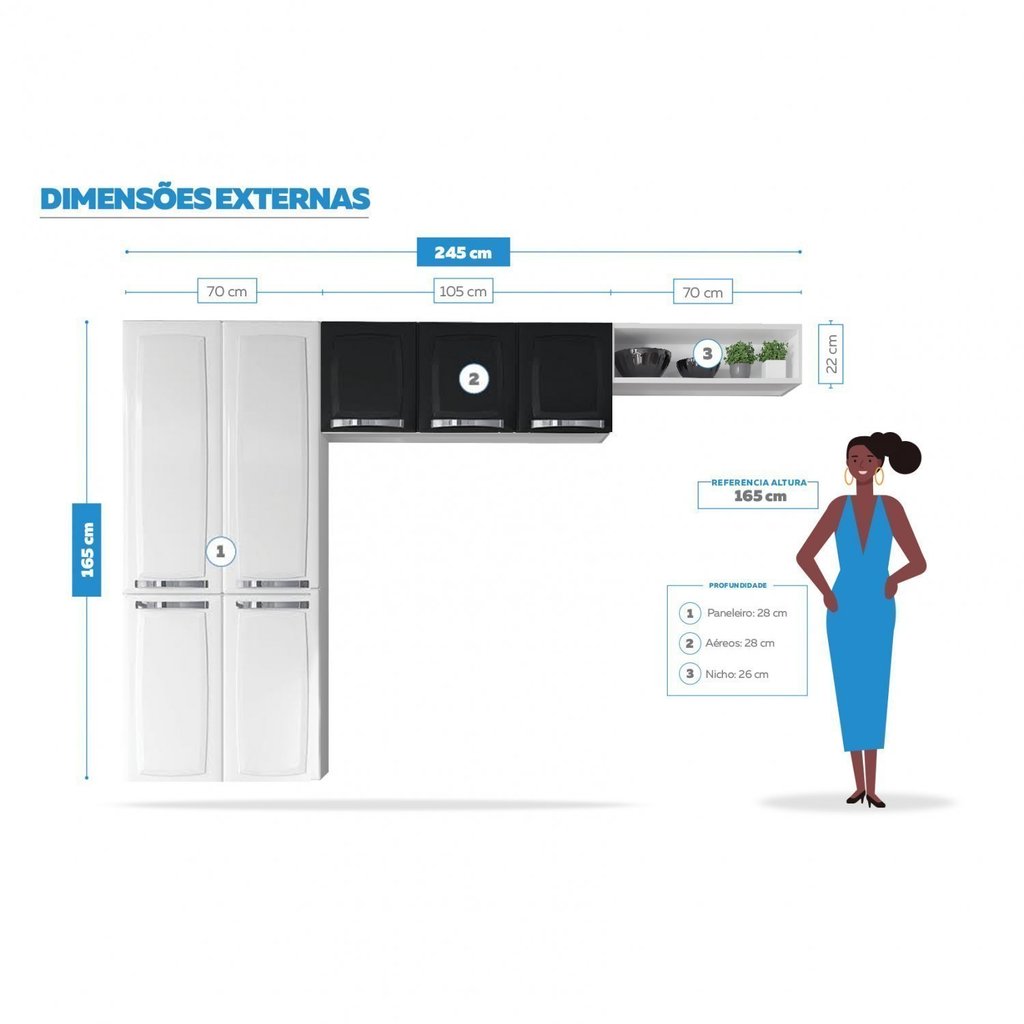 Detalhes do Cozinha Compacta em Aço 3 Peças 7 Portas Rose Itatiaia Preto/Branco