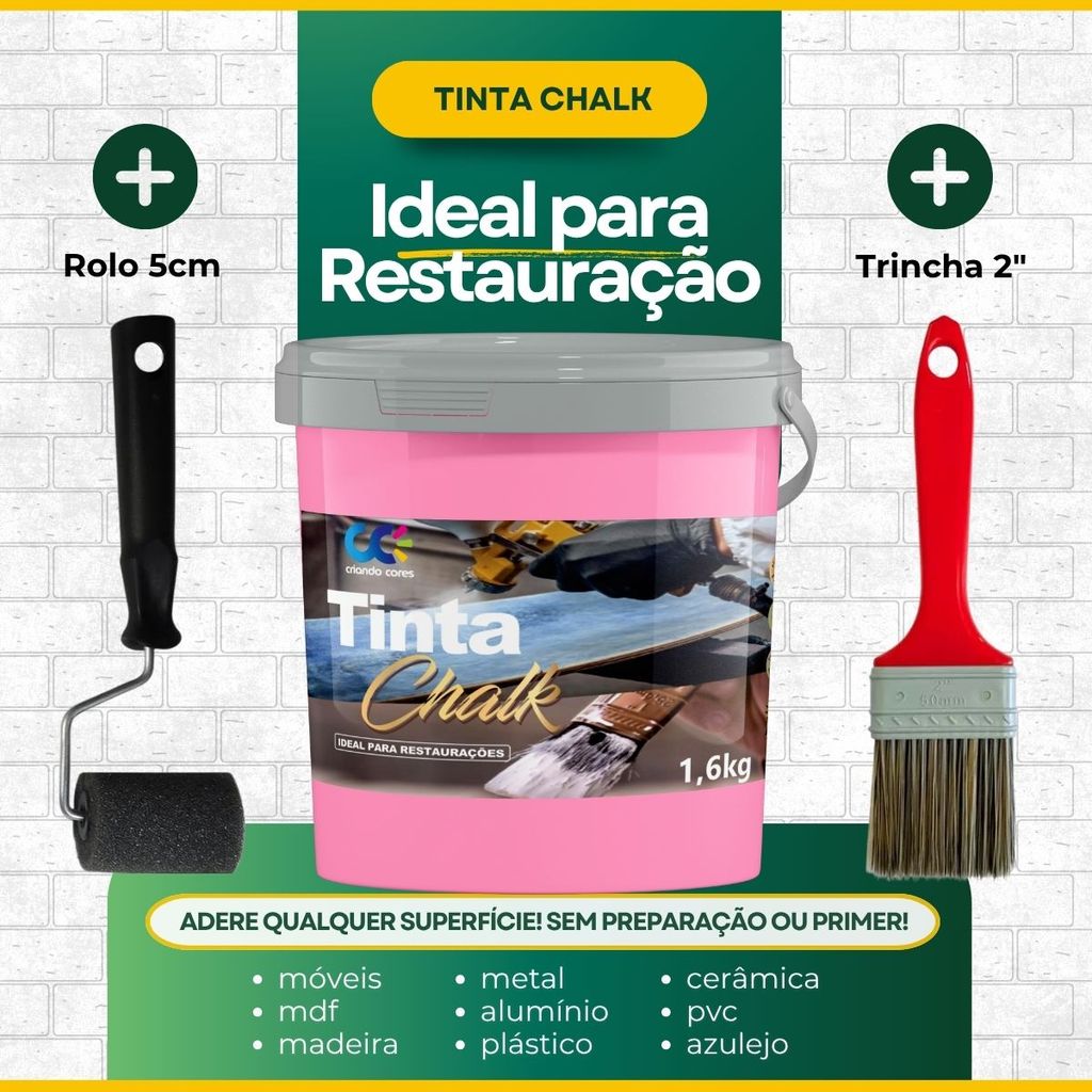 Tinta Chalk Restauração Rosa Balloon Adere Qualquer Superfície + Rolo 5cm + Trincha 2 polegadas