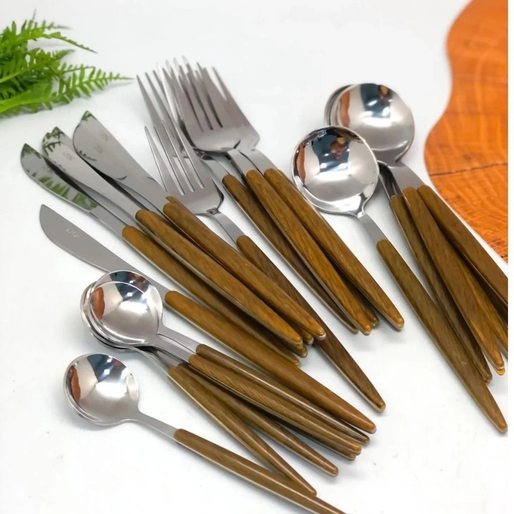 Conjunto 24 Talheres em Aço Inox com Cabo de Madeira – Elegância e Resistência para o Dia a Dia em Oferta na Shopee