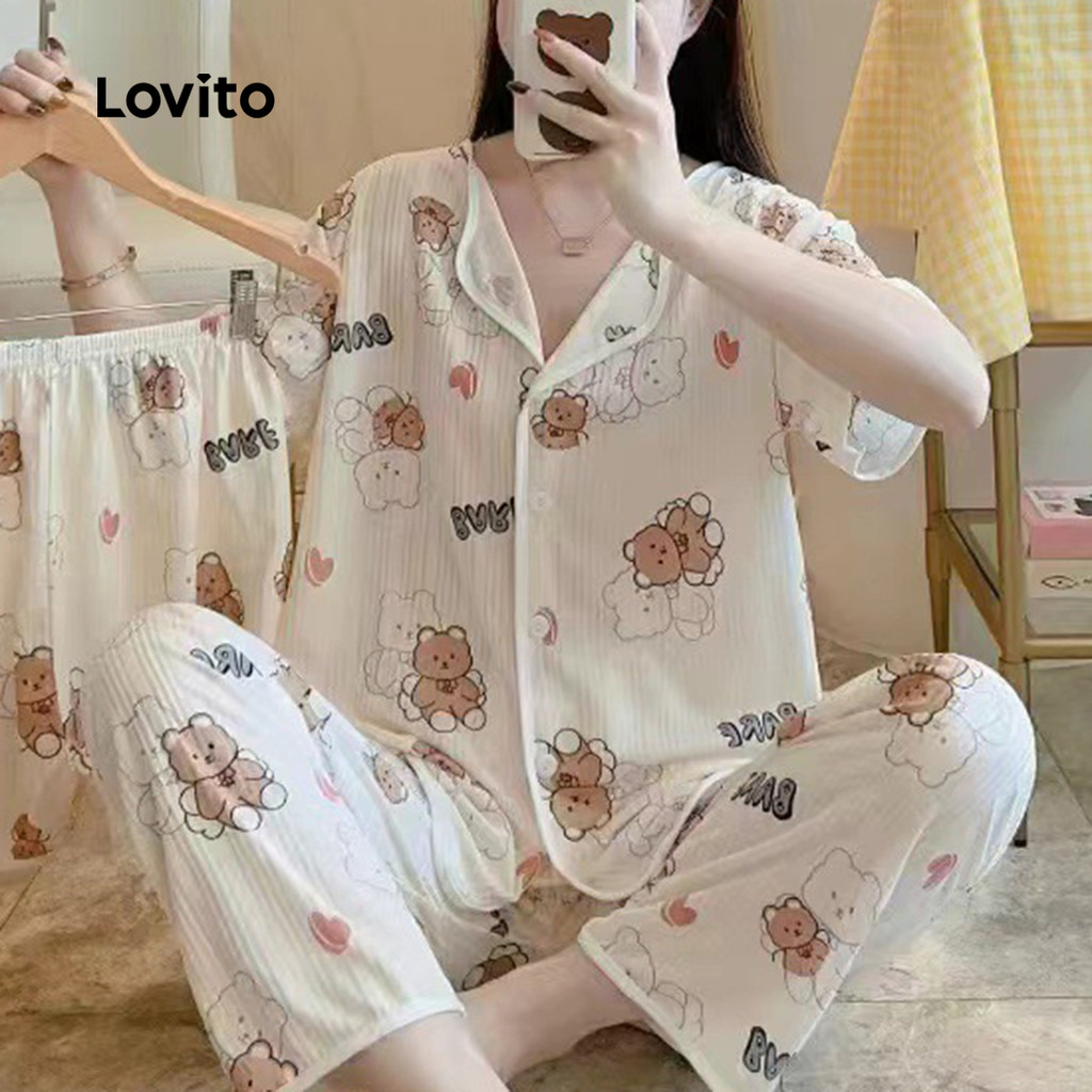 Detalhes do Lovito Pijama Feminino 3 Peças Calça Longa e Short Casa Verão LNE121127