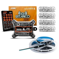 KIT STROBO AJK COM MEDIDOR DE INTENSIDADE DE AUDIO VIA LEDS RITMICO 3.0 COM 4 FAROIS 6W + FITA 2,5M