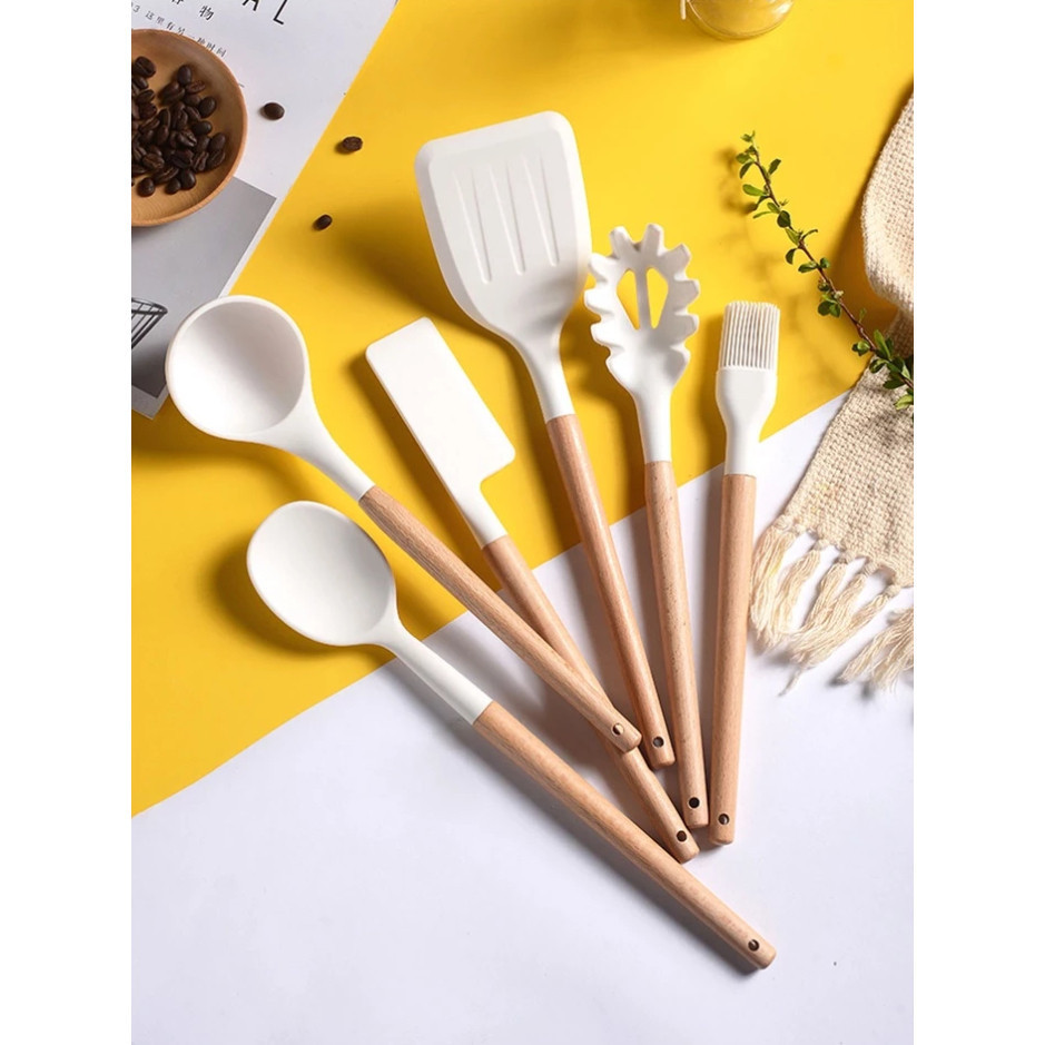 Escumadeira de cozinha utensílios De Cozinha Em Silicone Resistente Ao Calor Com Cabo De Madeira