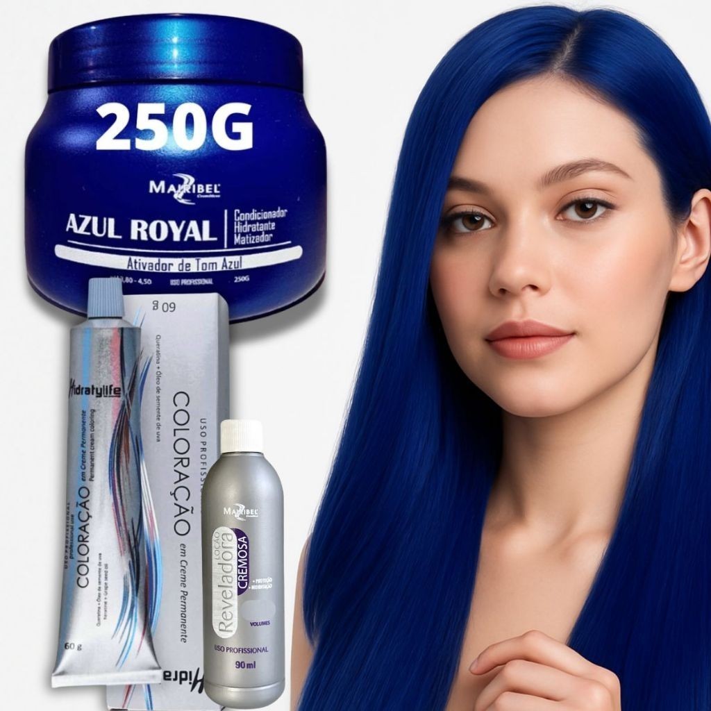 Tinta Azul para Cabelo 60g Creme Permanente Cobertura Uniforme com Ox 40v 90 ml e Matizador 250g