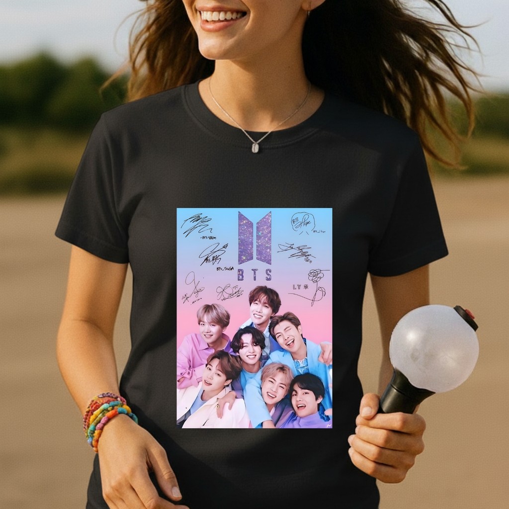 Camisa BTS Com Autográfos Algodão 100% Fio 30.1 Blusa Feminina Casual Jungkook Taehyung Hope Suga Rm