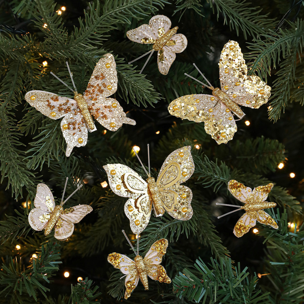 Nova Decoração de Natal 10 Peças Borboleta Colorida Enfeites de Árvore de Natal Borboleta Simulação Oca com Glitter HGZH