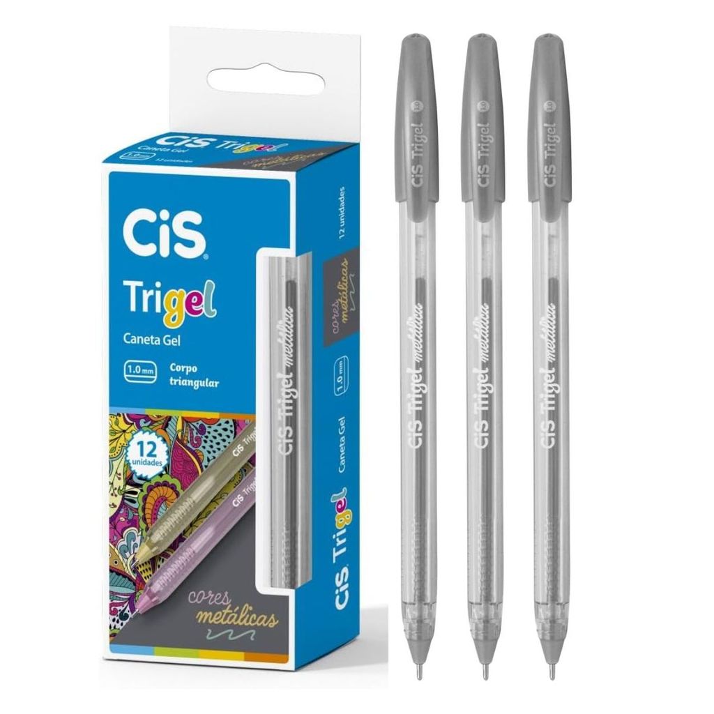 Kit 12 Canetas Gel Escolar Trigel Glitter Metálica Prata Ponta 1.0 Conjunto Lettering Detalhes Aula