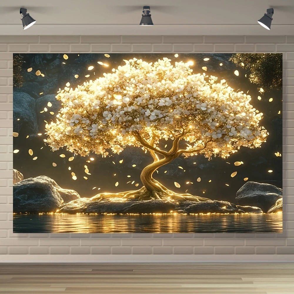 QUADROS DECORATIVOS FULL HD LINDA ARVORE DA VIDA LUXO  LUZ COM PETOLAS   DOURADA AGUA LAGO FULL HD DECORAÇÃO QUARTO SALA