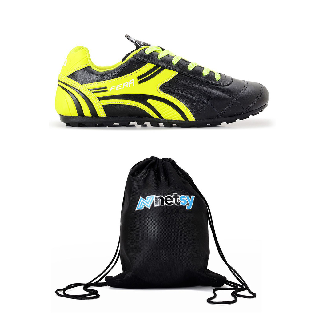 Kit Chuteira Couro Legitimo Preto Amarelo Limão Campo Society Mais Mochila Bolsa Esportiva