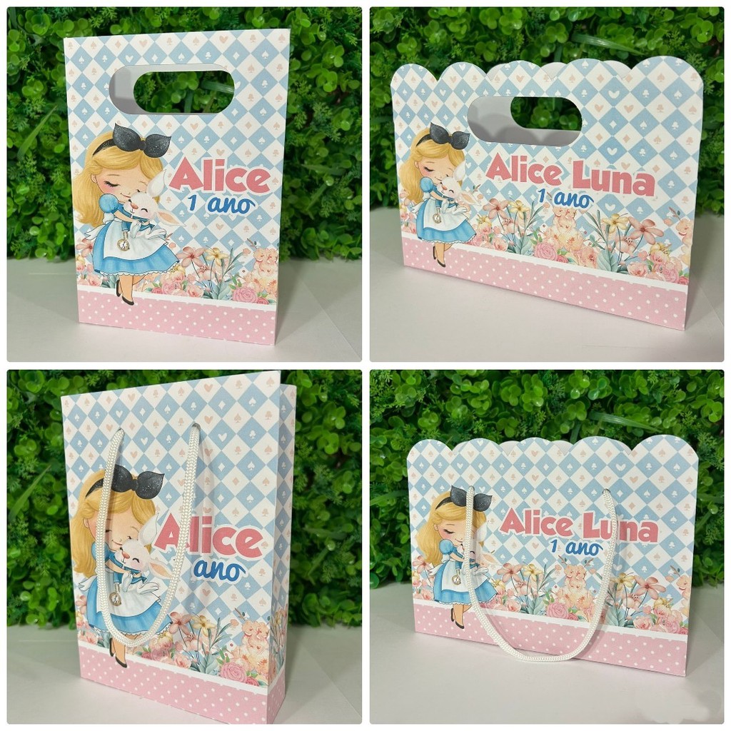 Kit Sacola Papelaria Personalizada Alice no País das Maravilhas Sacolinha de Lembrancinha Caixinha para Festa