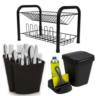 Kit Completo Organizador de Cozinha Escorredor de Louça em Aço + Lixeira 5L + Porta Detergente + Rodinho + Porta Talher