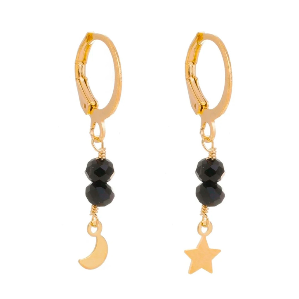 BRINCO ARGOLINHA PERLA CRISTAIS PRETO LUA E ESTRELA FOLHEADO A OURO 18K