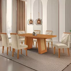 Mesa De Jantar Carolina Com 6 Cadeiras Moderna Mobilia Veludo Creme/ Laminado