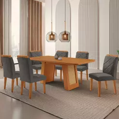 Mesa De Jantar Carolina Com 6 Cadeiras Moderna Mobilia Veludo Grafite/naturalle Laminado