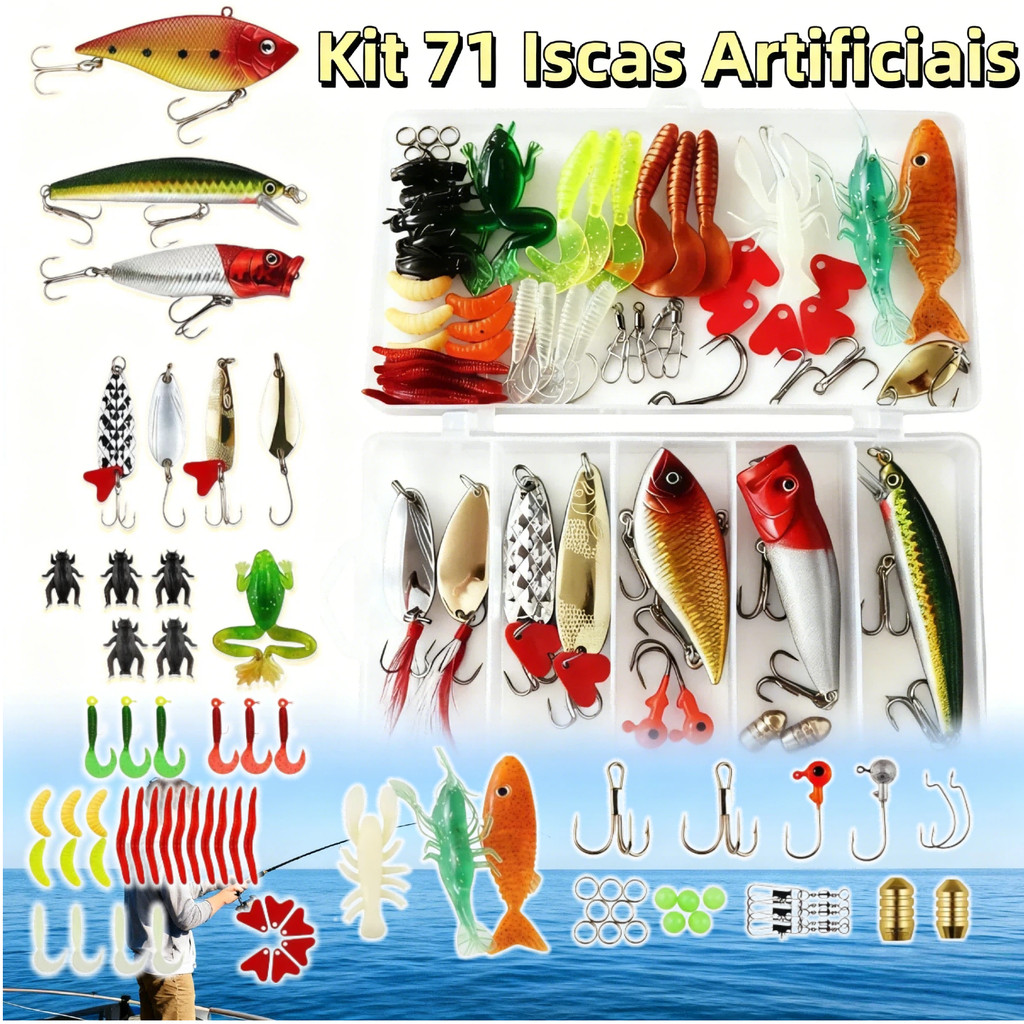 MEDOOSI Kit 71 Iscas Artificiais Premium - Anzol Duplo e Olhos 3D | Meia Água para Pesca de Truta Realista e Peixes em Oferta na Shopee