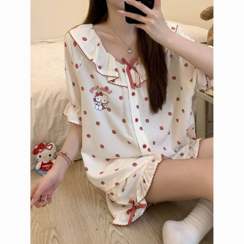Imagem Desenhos animados morango KT gato pijamas feminino verão Shorts de manga curta doce terno solto confortável Loungewear v