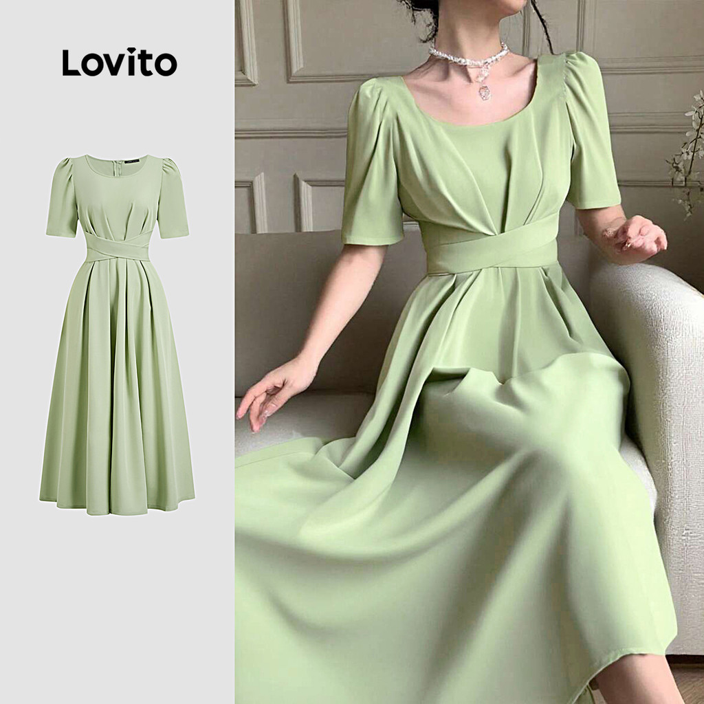 Lovito Vestido Elegante Cruzado com Pregas Primavera/verão Verde para Mulheres L137ED153 em Oferta na Shopee