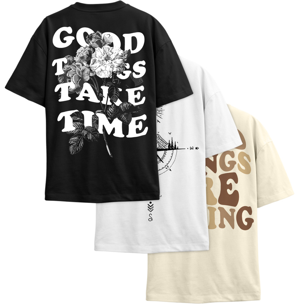Kit 3 Camisetas Masculina Estampada Good Things Take Time 100% Algodão