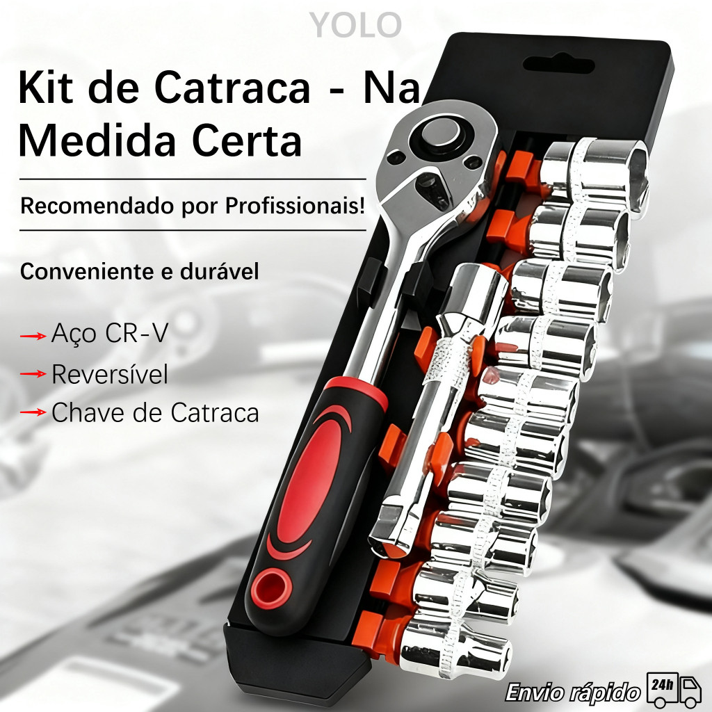 Chave Catraca 1/2 12 Peças Cromo Vanádio com Soquetes e Extensão - Jogo Profissional