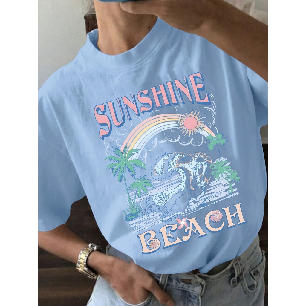 T-shirt Feminina Estampada Havaiana – Manga Curta, Gola Redonda, Moda Surf Verão Casual