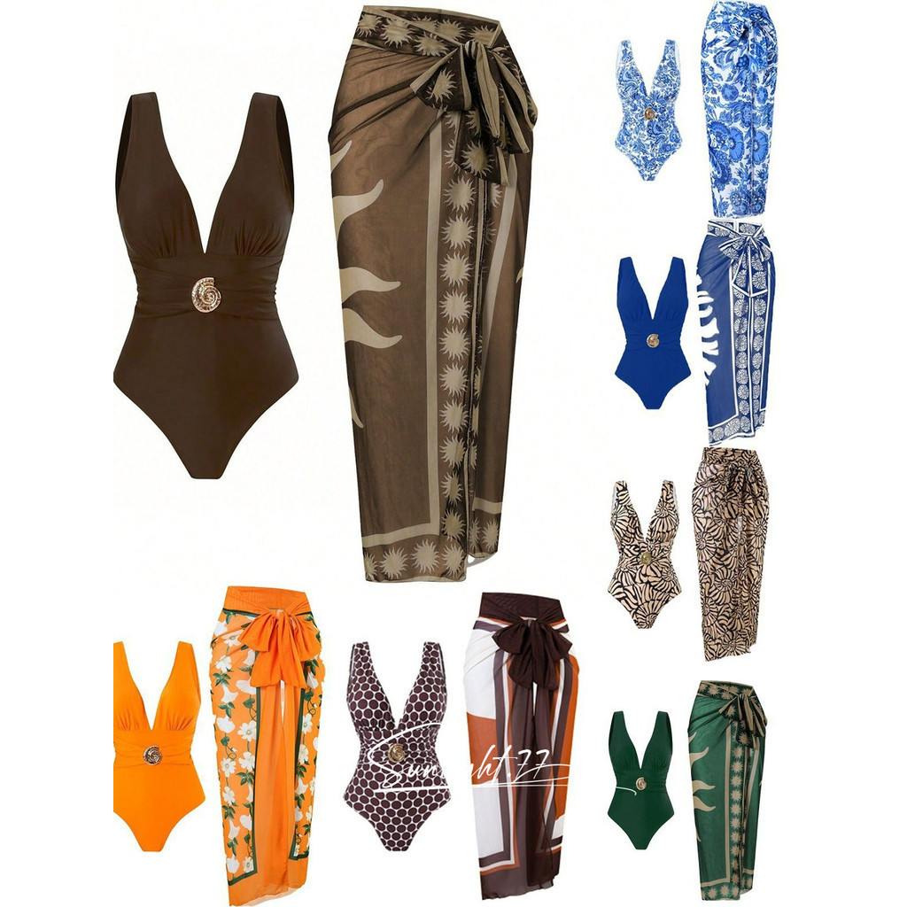Biquíni Feminino Conjunto de Maiô Vestido de praia Feminino  Saida De Praia Sexy Estampa Vintage Traje de Praia Swimsuit