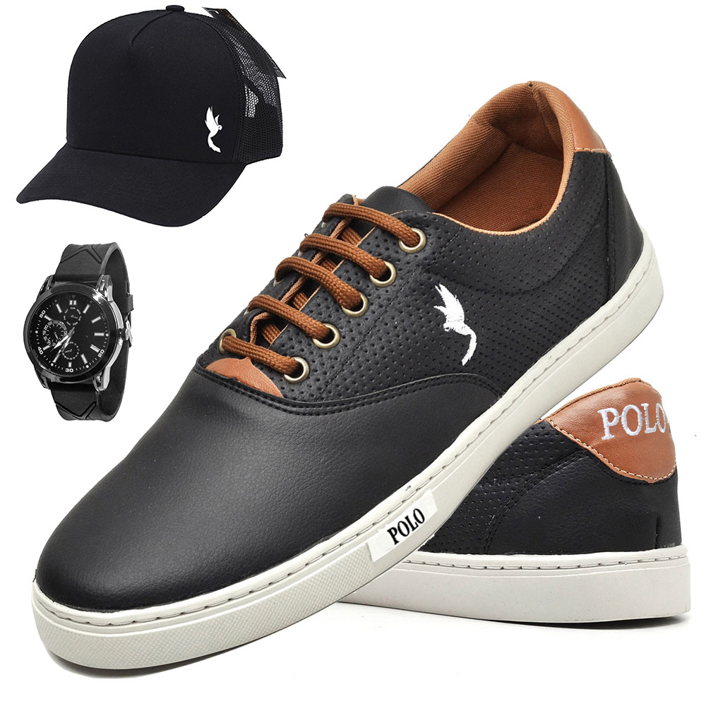 Sapatênis Casual Masculino Polo Blu Moderno em Sintético + Relógio Analógico + Boné