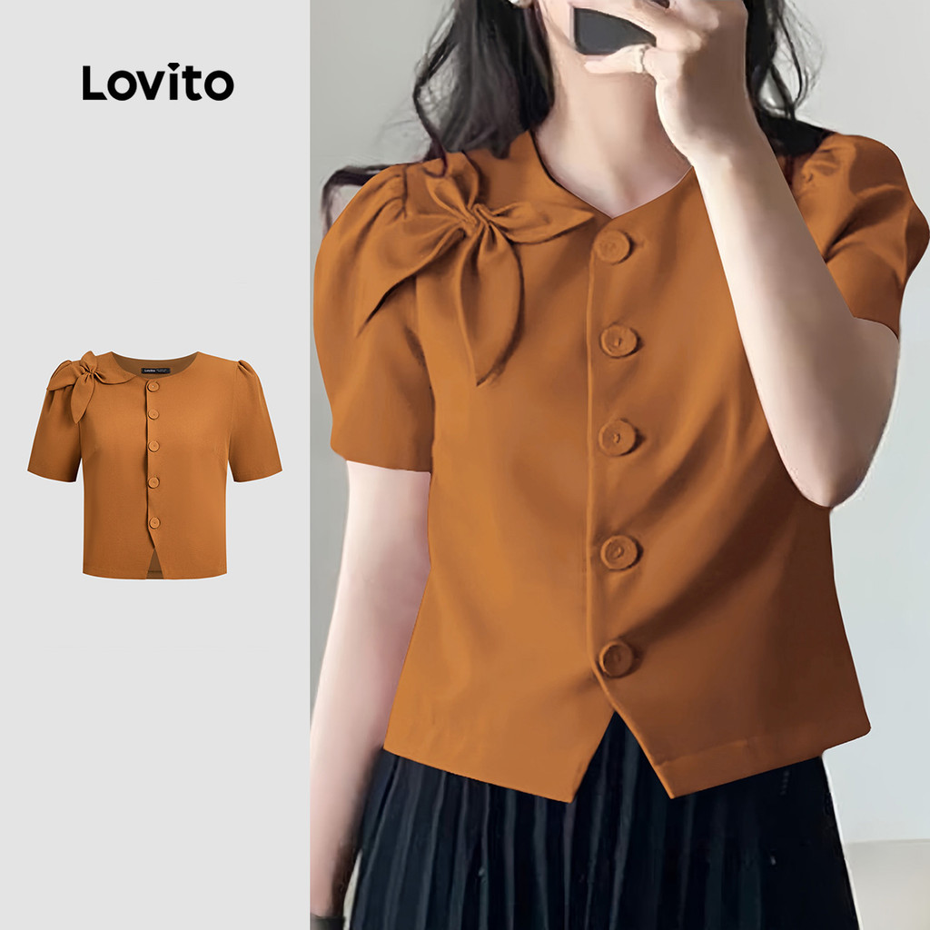 Lovito Blusa Elegante com Botões Assimétrica Primavera/verão Blusa Marrom para Mulheres L158ED1603