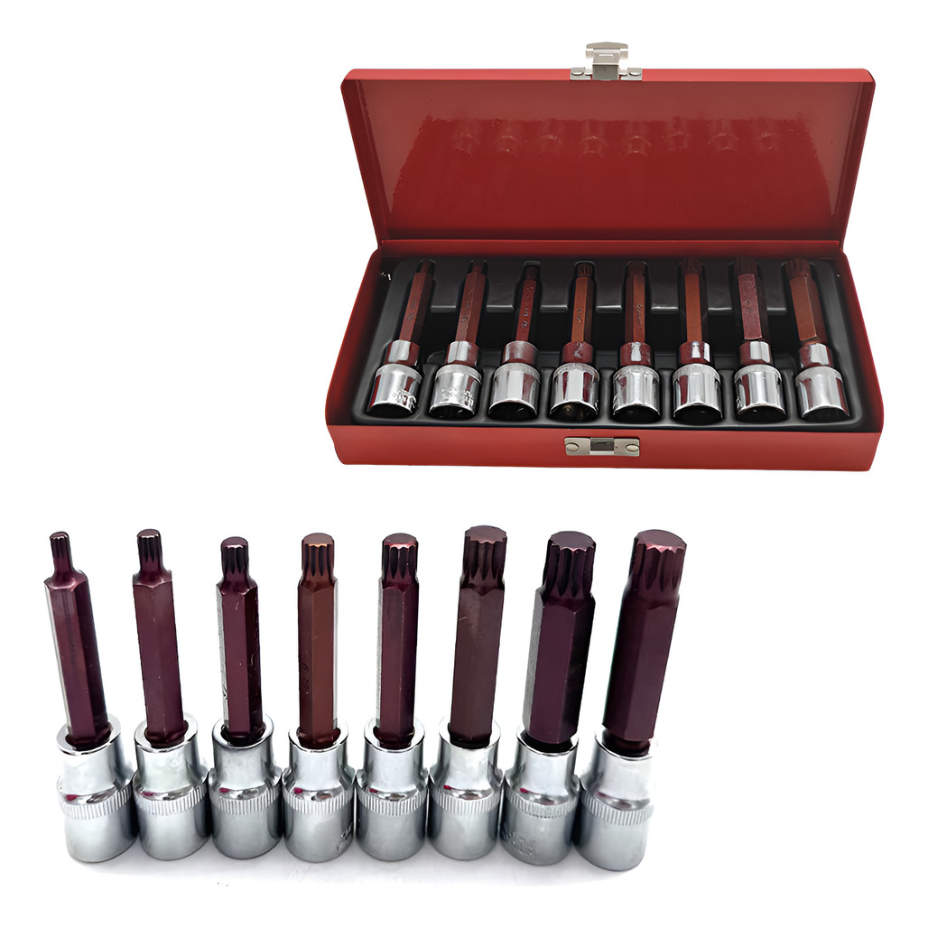 Jogo De Soquetes Multidentado 1/2 Pol 8 Peças M5 M6 M8 M9 M10 M12 M13 M14 em Aço Linha Premium JUMLEE